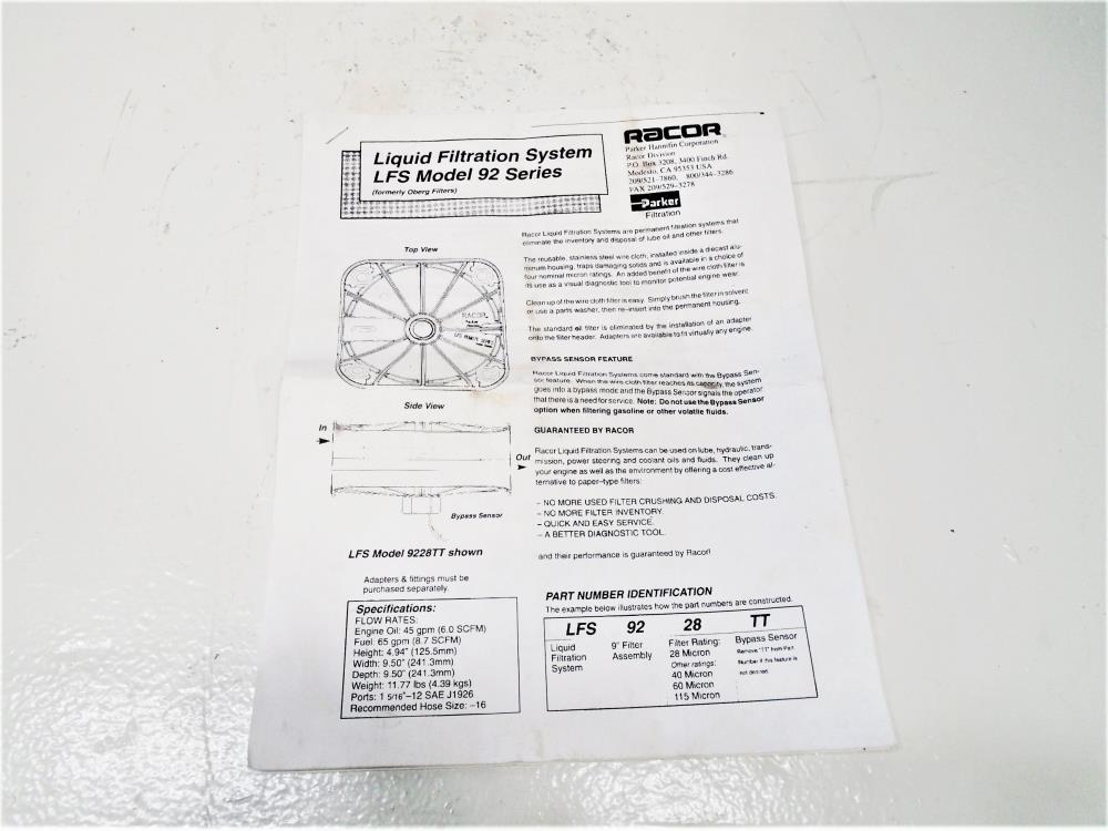 Racor Parker 92 Liquid Filtration System, 28 Mic., 9" Filter Assembly, 45-65 GPM